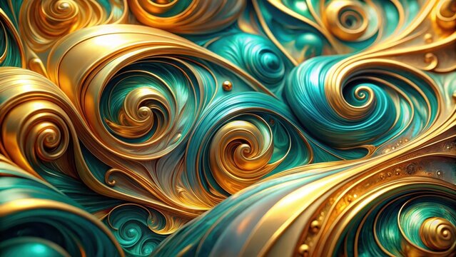 Colorful swirls of gold and teal blend together in a unique abstract art piece