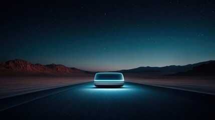 A sleek, futuristic self-driving car illuminated by a cool blue hue stands alone on a deserted road at night, showcasing advanced technology in a serene landscape.