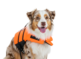 Happy australian shepherd wearing orange life vest isolated on transparent background