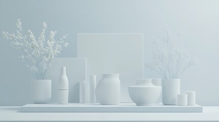 Minimalist Still Life Arrangement with White Vases and Floral Accents in Soft Lighting
