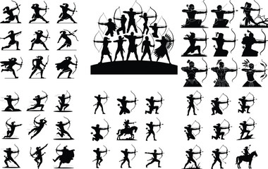 Silhouette of Archery Pose – Bow and Arrow Icon Collection Archer Aiming Bow Icon Silhouette Set – Precision and Focus Design Pack