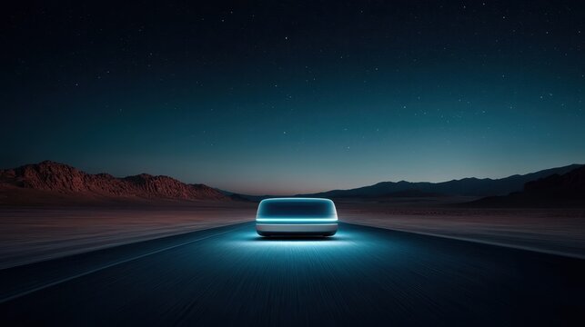 A sleek, futuristic self-driving car illuminated by a cool blue hue stands alone on a deserted road at night, showcasing advanced technology in a serene landscape.