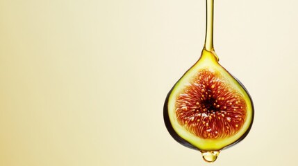 Droplet of Fig Juice Hanging from Delicious Fresh Fig in Soft Light Background