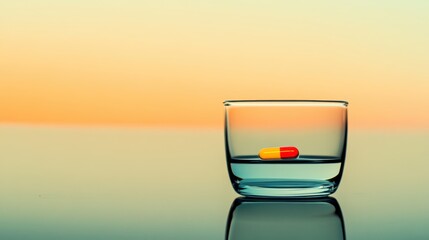 Vibrant Capsule in Glass Cup Reflecting Serenity at Sunset Background
