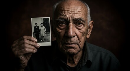 Elderly man holds photo memory