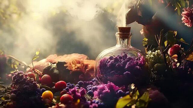 Enchanted potion bottle surrounded by vibrant flowers and fruits in a mystical forest setting