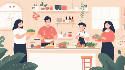 Group Cooking Together in Bright Kitchen with Fresh Vegetables and Joyful Collaboration