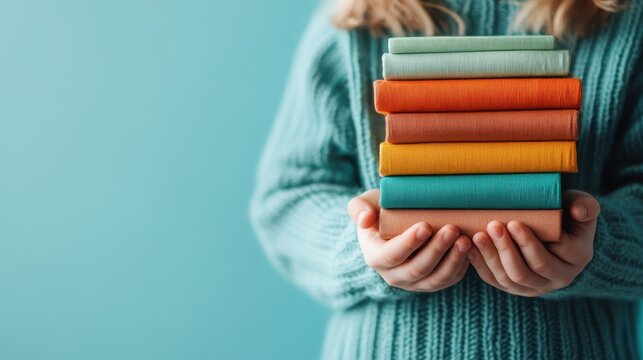 A cozy image showcasing a person’s hands holding a stack of vibrantly colored books against a soft, teal background, evoking a sense of warmth and curiosity about reading.
