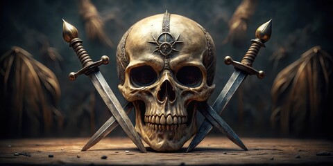 A skull with a pair of daggers standing upright on either side