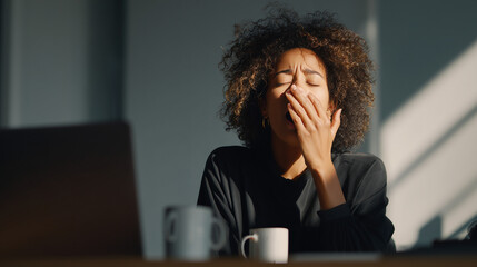 A female employee yawns at her office desk due to tiredness and sleepiness. Captures workplace fatigue, burnout, and low energy in a modern business setting.