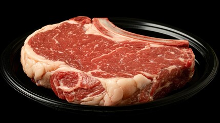 Fresh Ribeye Steak Cut with Marbling on Black Background for Culinary Use