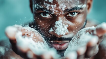 A penetrating portrait of a man with snow on his face, capturing raw intensity and emotion as he focuses on the moment while holding snow in his hands.