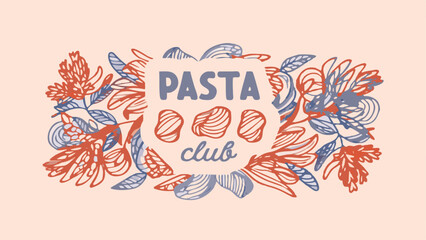 Illustration of pasta club logo featuring pasta shapes and floral elements in a decorative arrangement design