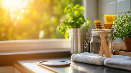 closeup of reusable home items like cloth towels, silicone lids, bamboo brushes on countertop