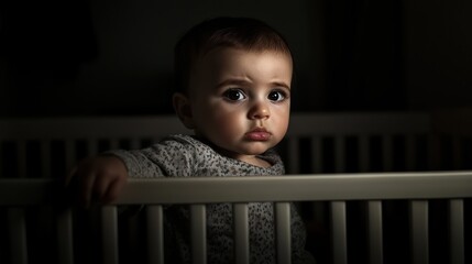 Thoughtful Baby in Crib with Soft Shadows and Warm Lighting in Cozy Nursery Setting