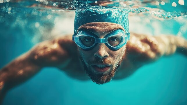 An intense portrait of a swimmer submerged in water, showcasing determination and strength as they prepare to break through the surface in a race.