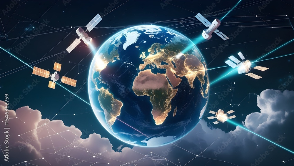 Wall mural futuristic isometric illustration of earth with multiple satellites orbiting, each sending glowing d