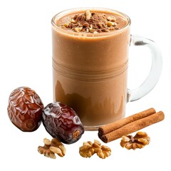 Rich caramel smoothie with walnuts dates and cinnamon clear isolated