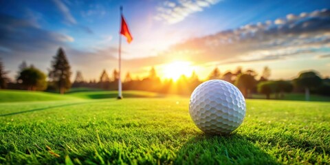 Obraz premium Close-Up of a Golf Ball on Lush Green Grass with a Flag in the Background on Golf Course