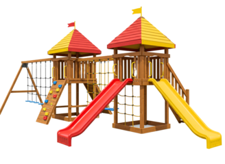 Wooden playground structure with slides and climbing features isolated on transparent background
