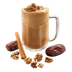 Rich caramel smoothie with walnuts dates and cinnamon clear isolated