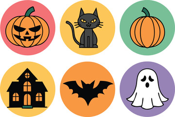 Obraz premium Halloween vector icons with cute pumpkin, cat, bat, and ghost