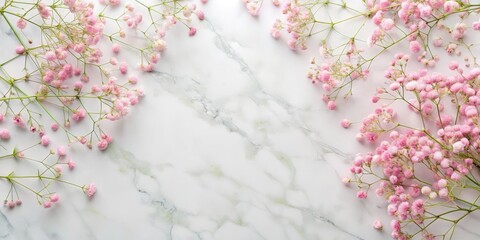 Soft pink gypsophila flowers scattered on a white marble background in a beautiful flat lay composition