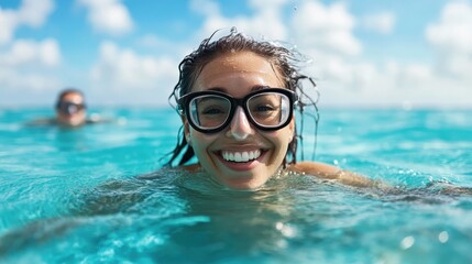 Naklejka premium A joyful woman with glasses smiles while swimming in transparent blue ocean waters, embodying the essence of summer fun, freedom, and connection with nature's beauty.