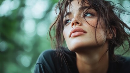 Fototapeta premium A relaxed young woman with tousled hair gazes thoughtfully into the distance, exuding natural beauty and serenity, perfectly blending with her lush green surroundings.