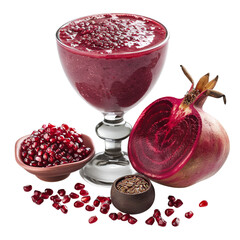 Rich red smoothie in coupe glass with pomegranate on white