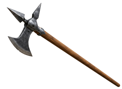 Medieval three pointed war axe isolated on transparent background