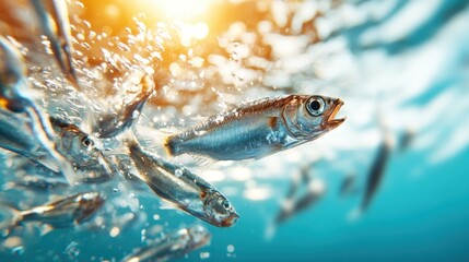 A group of fish swim dynamically through crystal clear water, illuminated by sunlight, creating a captivating aquatic scene filled with motion and life.