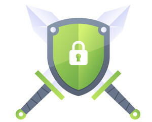 Shield with Padlock and Crossed Swords for Digital Security