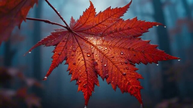 Red maple leaf with droplets in misty autumn forest setting  