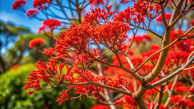 Brachychiton acerifolius red flowers with selective focus