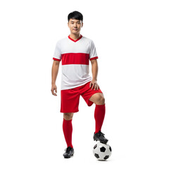 A soccer player in a red and white uniform poses with his foot on a soccer ball, smiling at the camera.