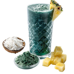 Vibrant tealblue spirulina smoothie with fresh pineapple chunks coconut flakes