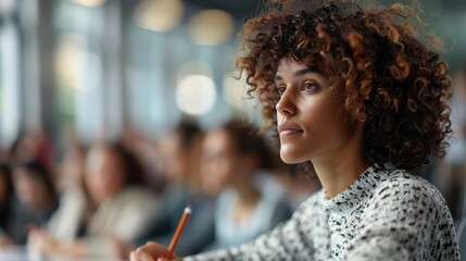 A motivated student with curly hair attentively listens in a classroom setting, fully engaged in the lecture, embodying a quest for knowledge and growth amidst peers.