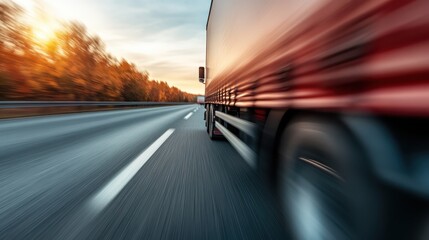 Obraz premium A dynamic scene of a truck speeding along a highway, emphasizing motion and adventure against a stunning sunrise backdrop highlighting the beauty of the journey.