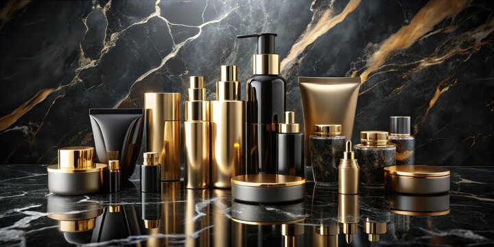 Opulent gold accents adorn a gleaming black marble backdrop
