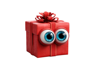 A red gift box with big blue eyes and a bow, Isolated On White, Png Transparent