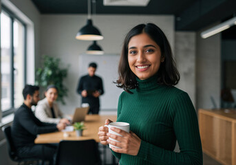 Smiling Businesswoman Holding Mug in Modern Office