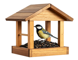  Great Tit Bird Perched on a Wooden Bird Feeder with Sunflower Seeds, isolated on a transparent background png