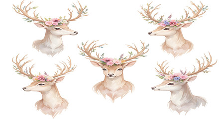 Fototapeta premium deer with flowers watercolor deer set with floral Antlers Soft Pastel Animal PNG animal reindeer transparent deer png watercolor reindeer gentle deer artwork romantic deer painting deer with leaves 