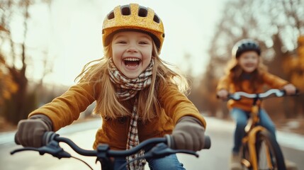 Obraz premium Two joyful children laughing and biking through a sunlit autumn forest, showcasing the beauty of childhood freedom and the thrill of adventure in nature's embrace.