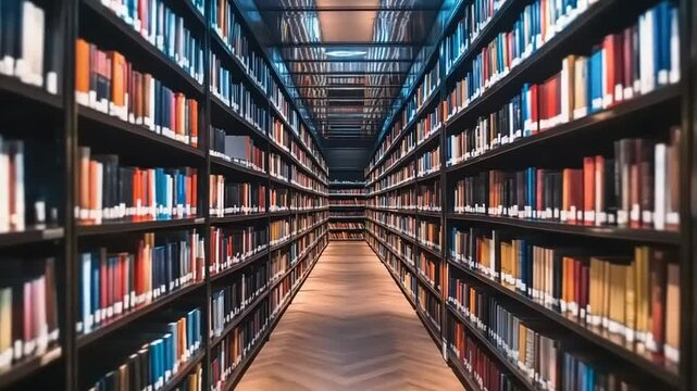 A vast library interior showcasing rows of colorful books with a modern architectural design