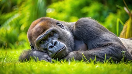 Ingelijste posters Bosdieren Gorilla peacefully sleeps on lush green grass during a sunny day in the wildlife reserve  © Songkran