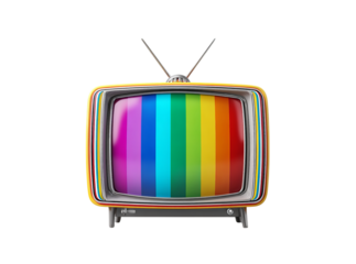 Retro television set with rainbow test pattern on black background, Isolated On White, Png Transparent