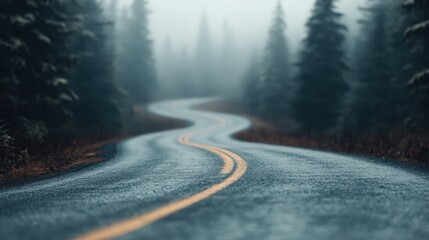 A winding road disappears into a misty pine forest, creating an atmospheric and mysterious scene that invites exploration and adventure amidst nature's tranquility.