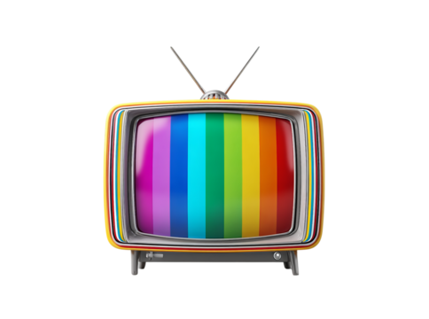 Retro television set with rainbow test pattern on black background, Isolated On White, Png Transparent